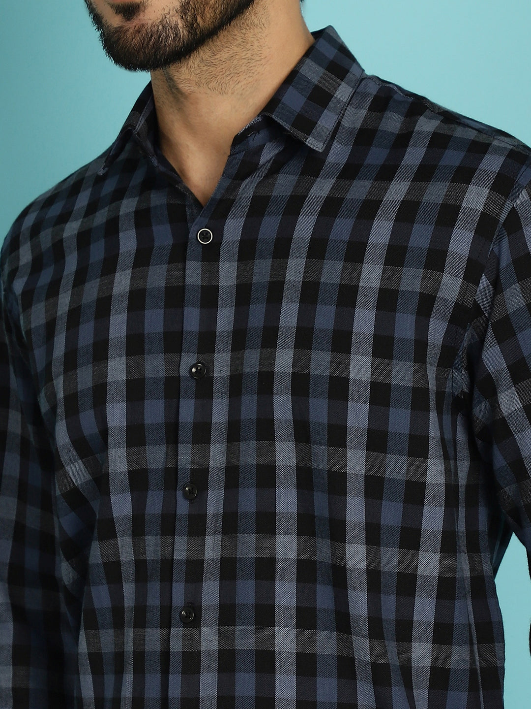 Indian Needle Men's Checked Casual Shirt - Navy Blue | Grocsy