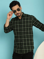 Indian Needle Men's Checked Casual Shirt - Olive | Grocsy