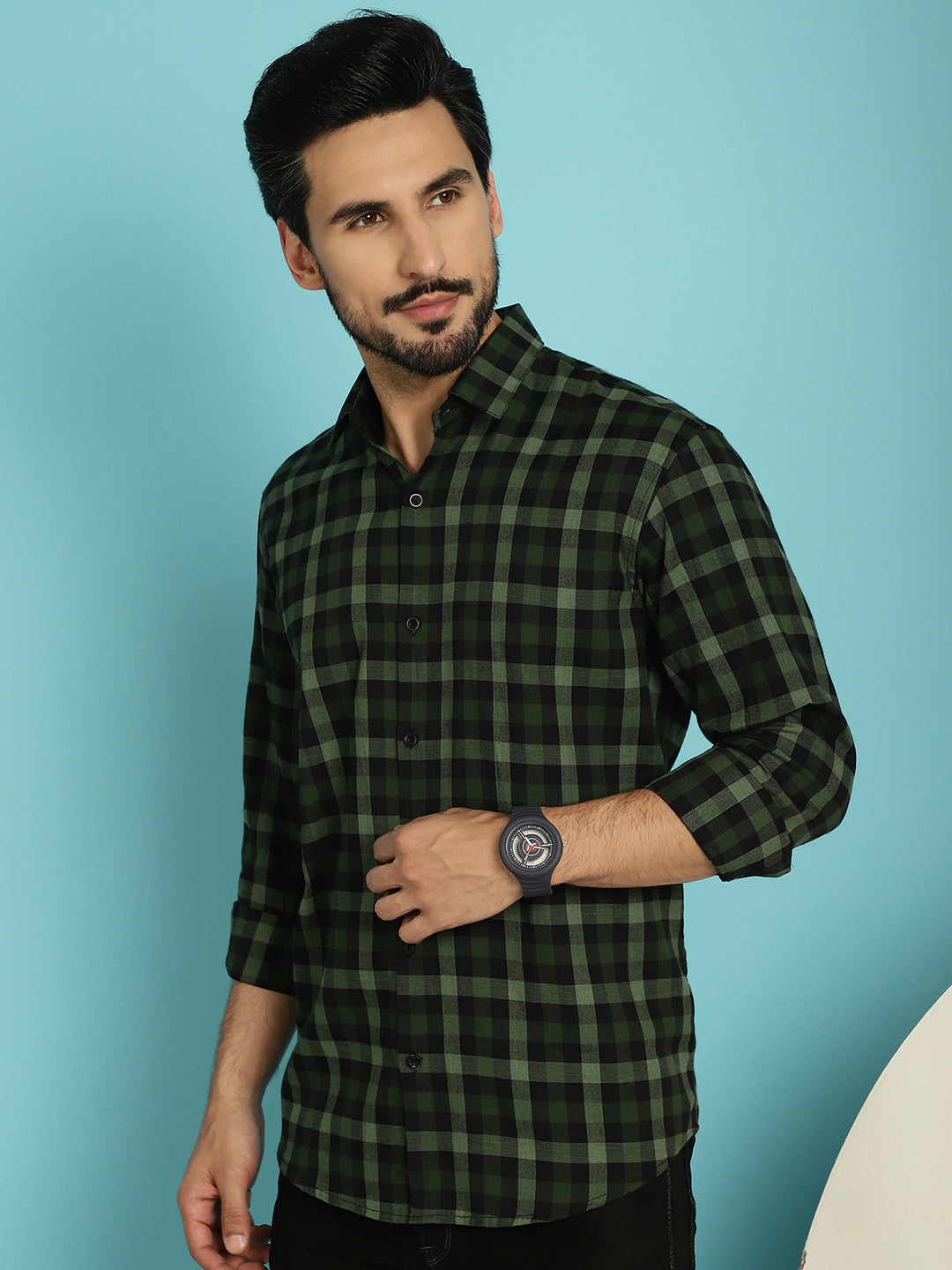 Indian Needle Men's Checked Casual Shirt - Olive | Grocsy