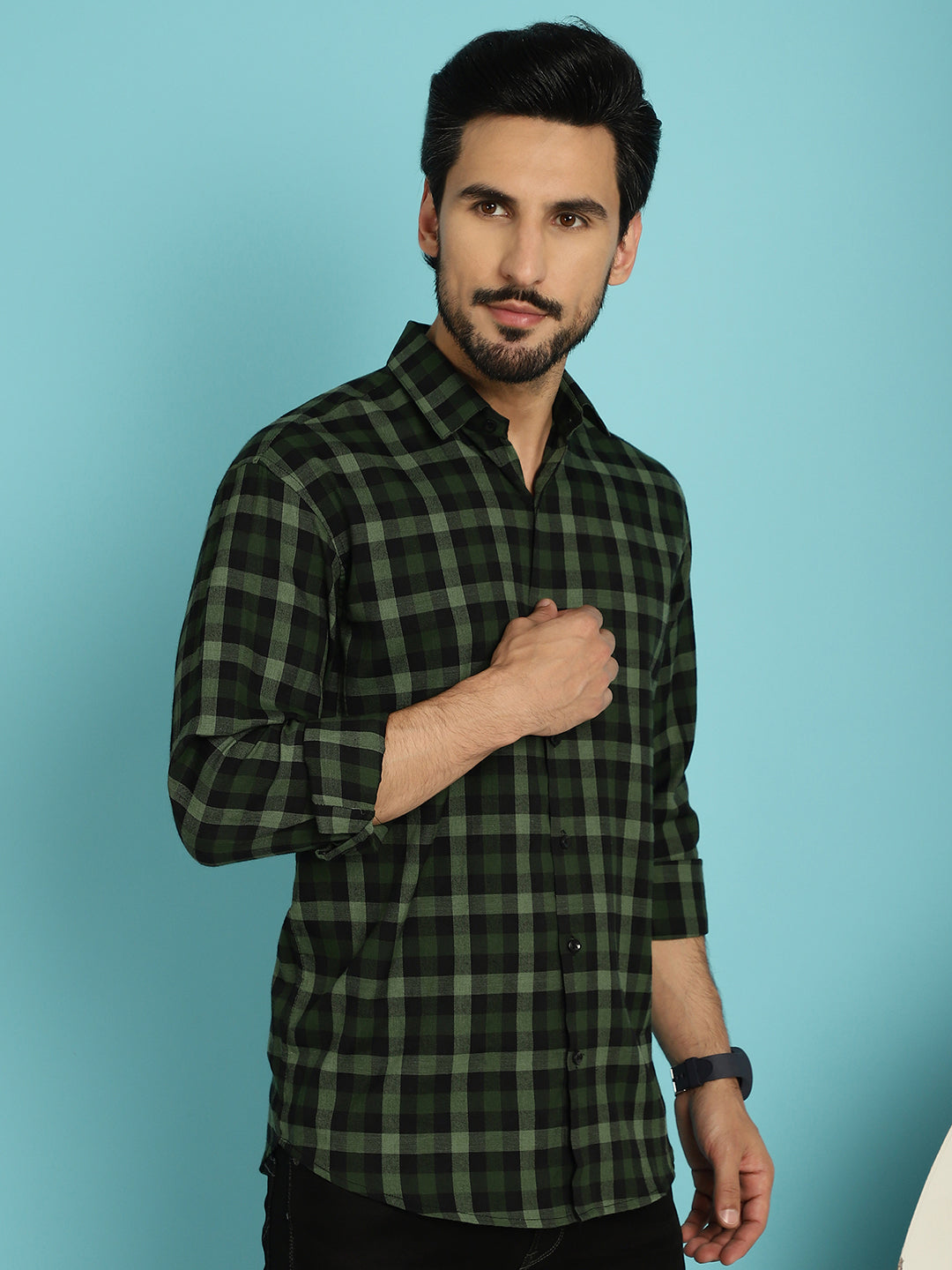 Indian Needle Men's Checked Casual Shirt - Olive | Grocsy