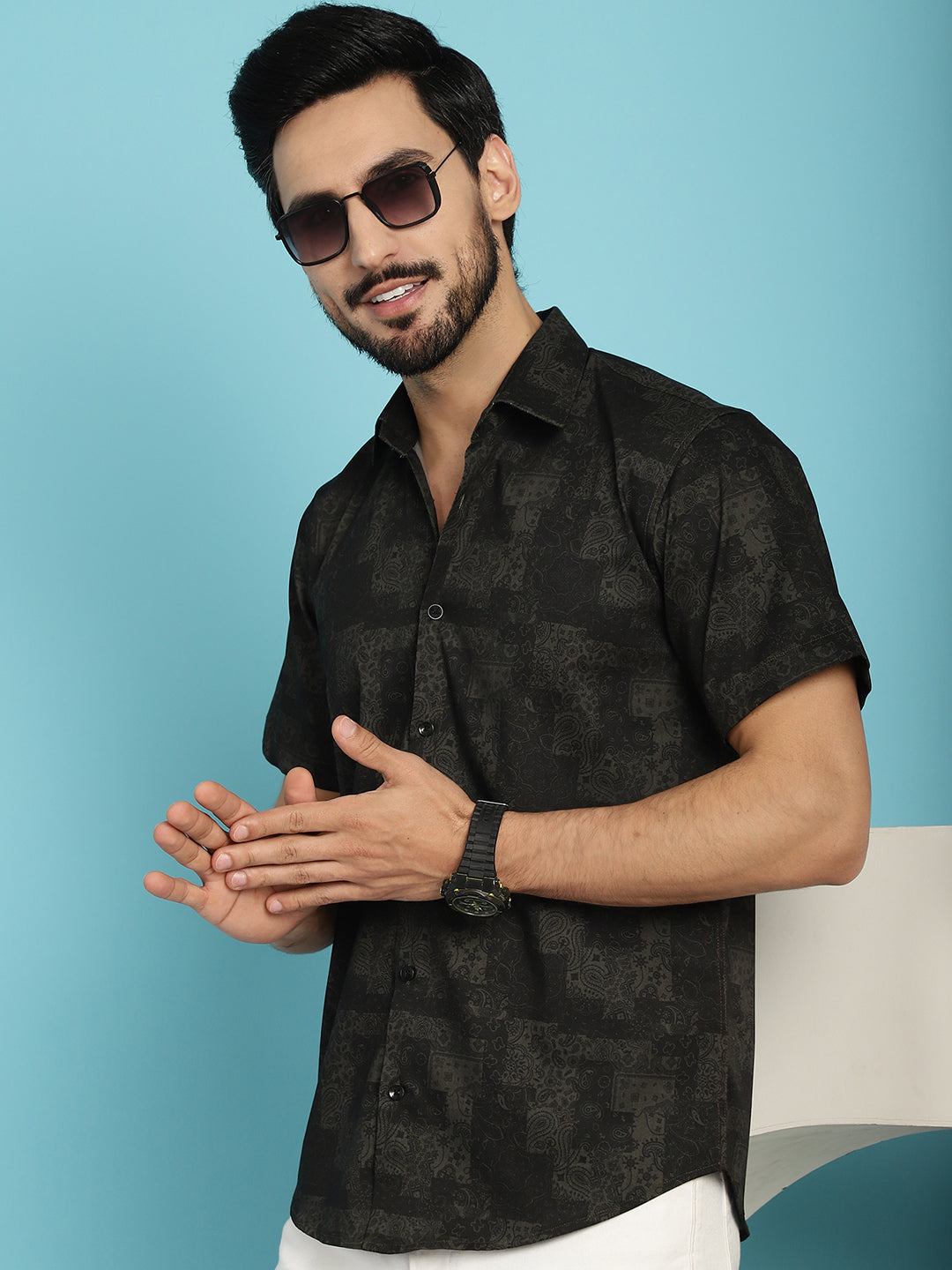Indian Needle Men's Printed Casual Shirt - Black | Grocsy