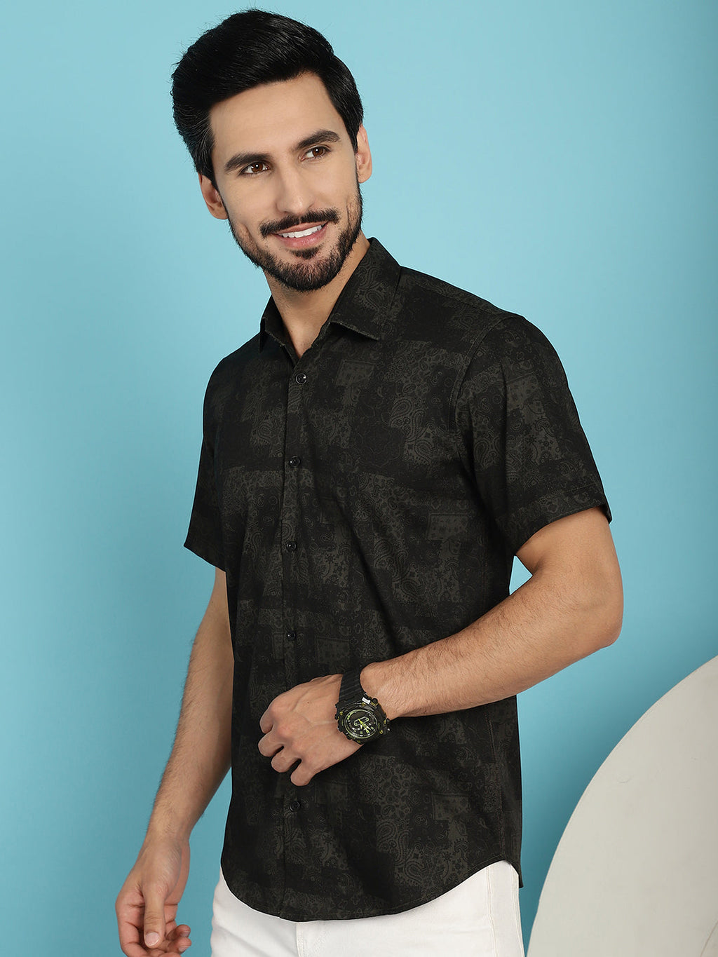 Indian Needle Men's Printed Casual Shirt - Black | Grocsy