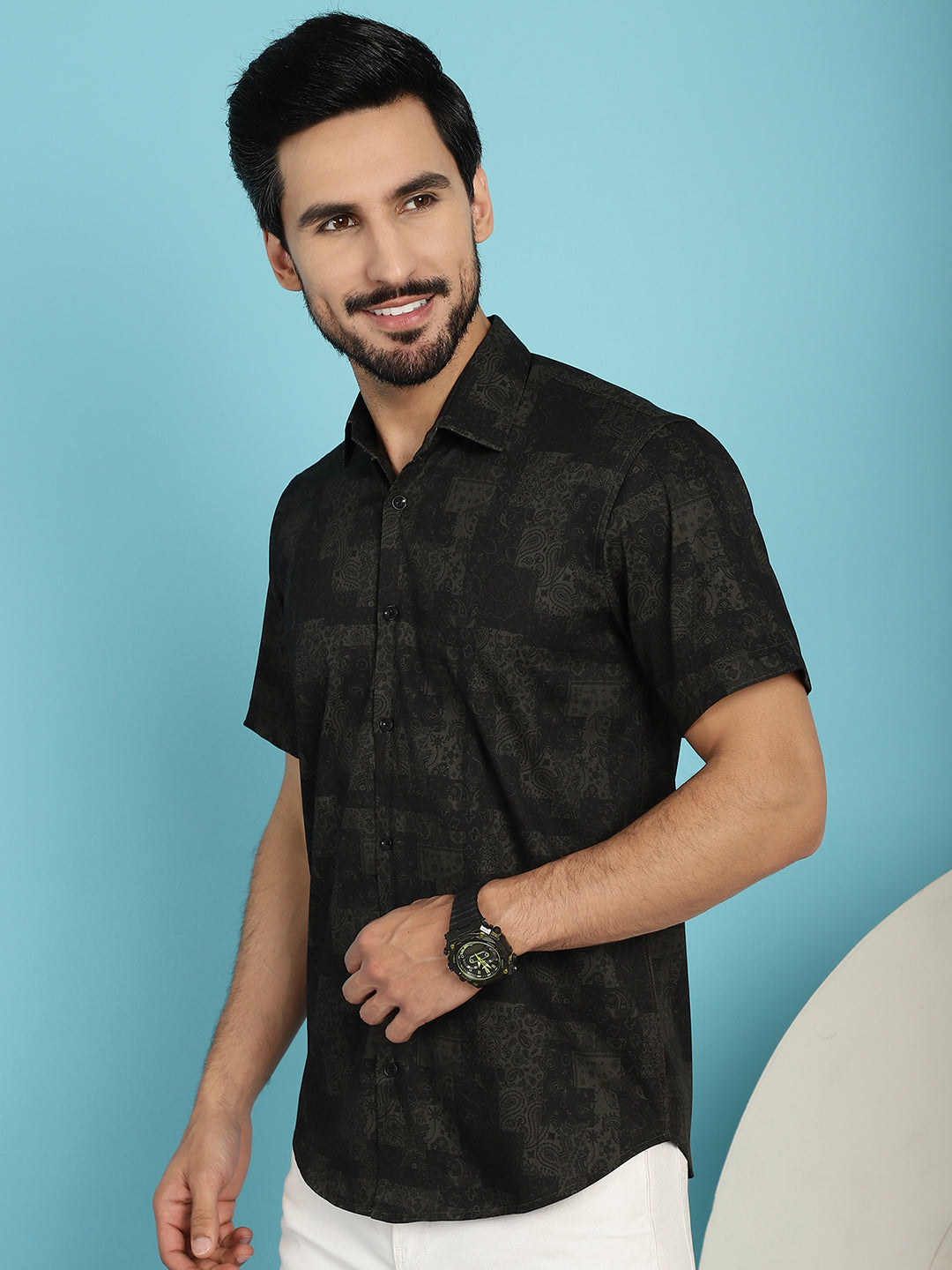 Indian Needle Men's Printed Casual Shirt - Black | Grocsy
