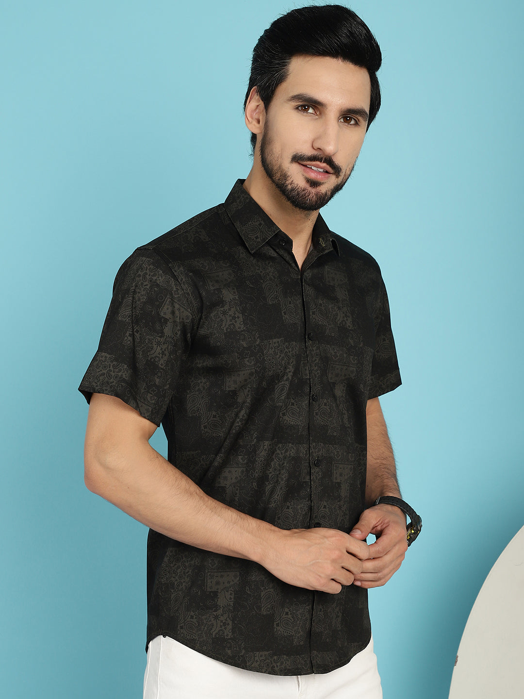 Indian Needle Men's Printed Casual Shirt - Black | Grocsy