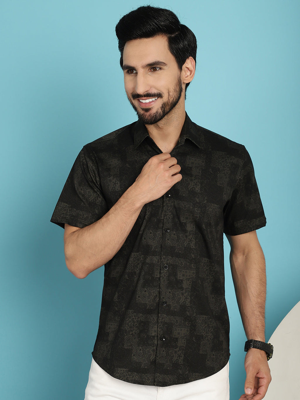 Indian Needle Men's Printed Casual Shirt - Black | Grocsy