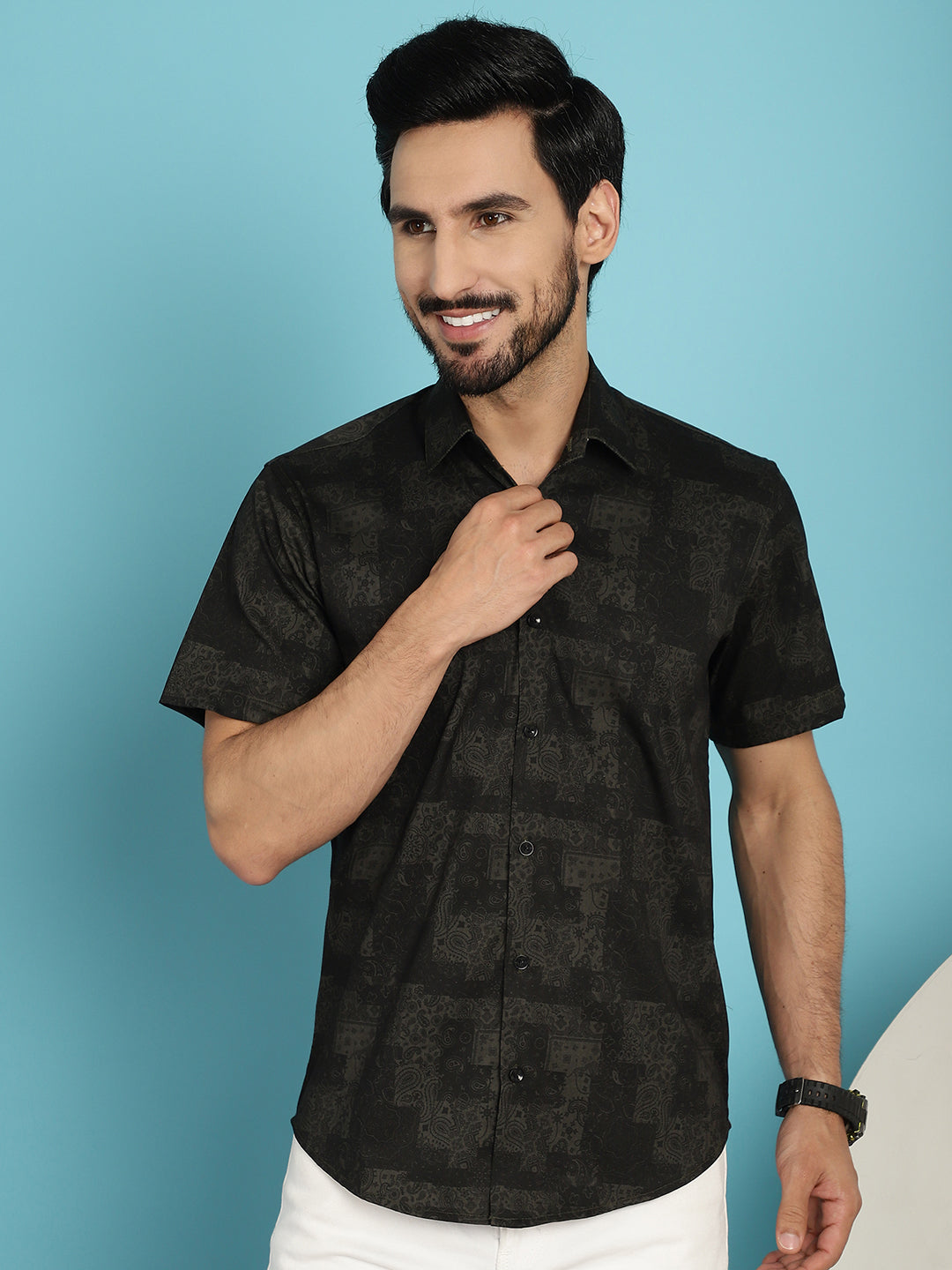 Indian Needle Men's Printed Casual Shirt - Black | Grocsy