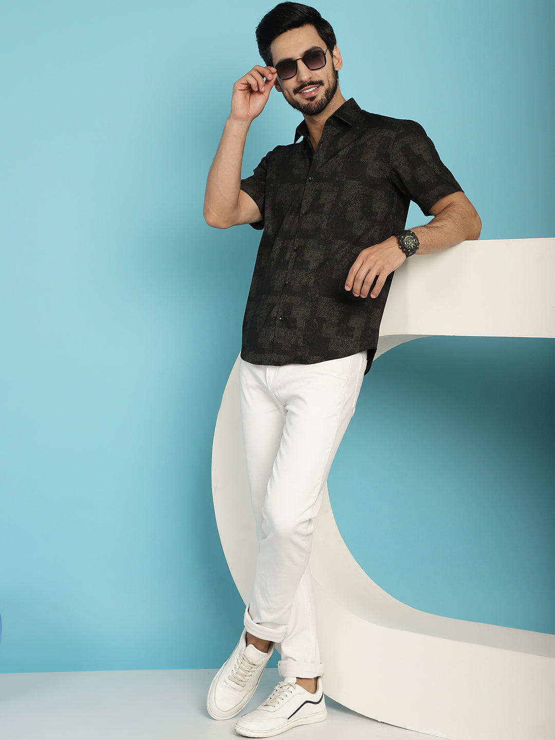 Indian Needle Men's Printed Casual Shirt - Black | Grocsy