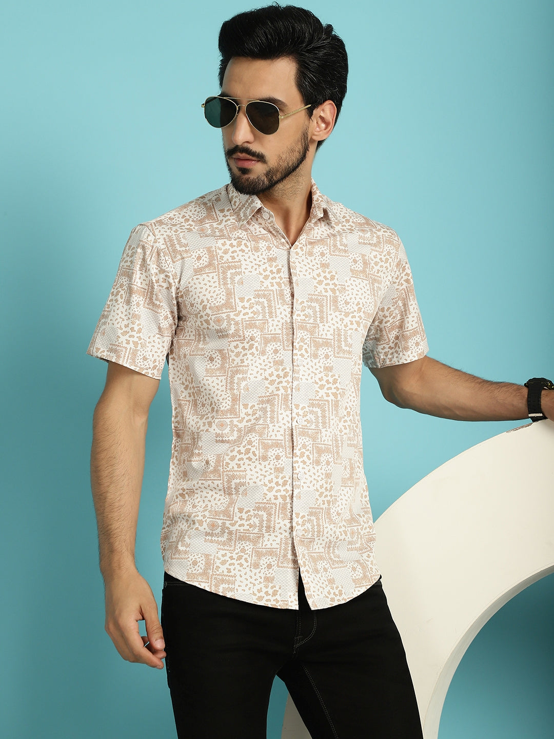 Indian Needle Men's Printed Casual Shirt - Peach | Grocsy