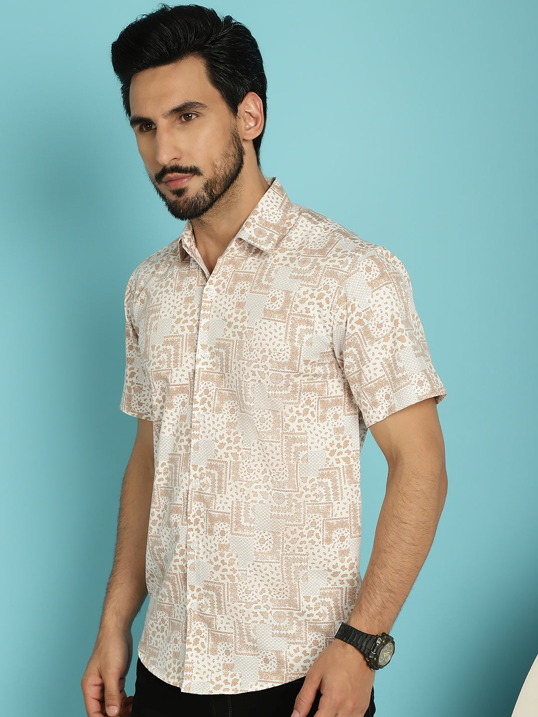 Indian Needle Men's Printed Casual Shirt - Peach | Grocsy