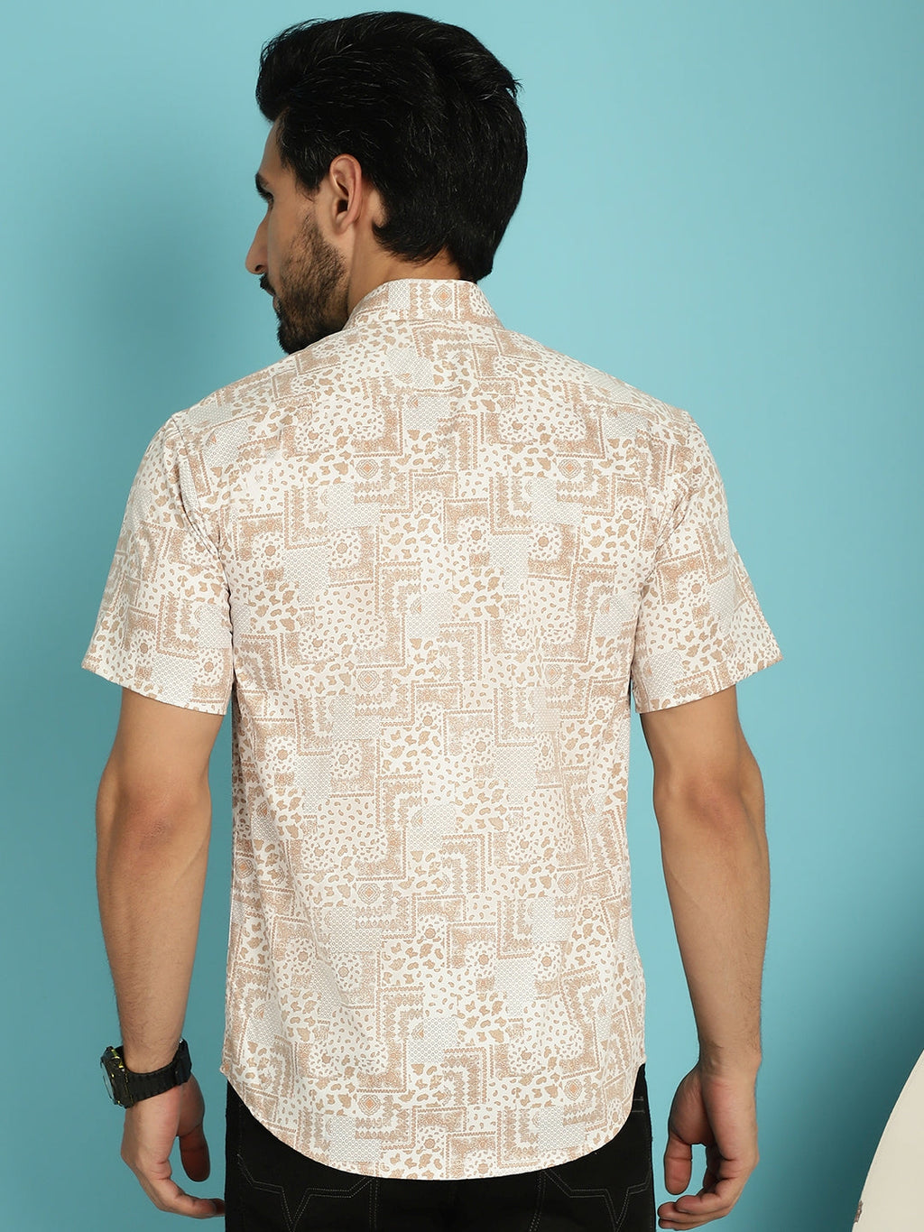 Indian Needle Men's Printed Casual Shirt - Peach | Grocsy