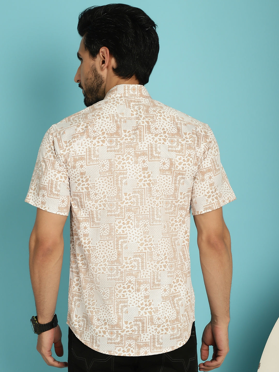 Indian Needle Men's Printed Casual Shirt - Peach | Grocsy