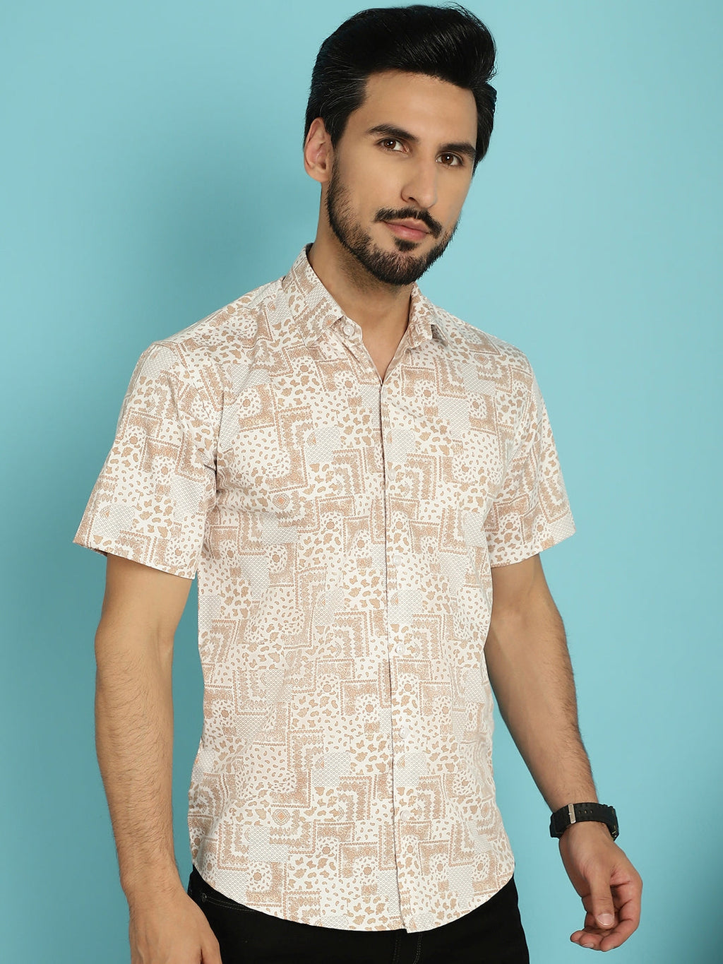 Indian Needle Men's Printed Casual Shirt - Peach | Grocsy