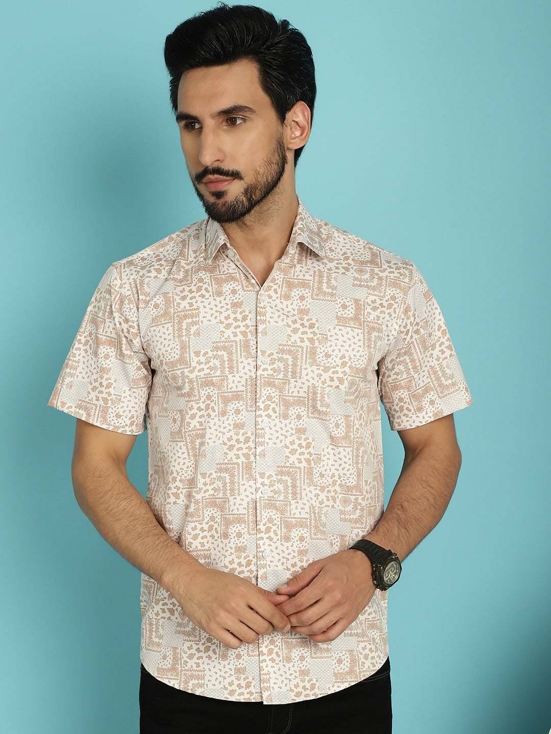 Indian Needle Men's Printed Casual Shirt - Peach | Grocsy