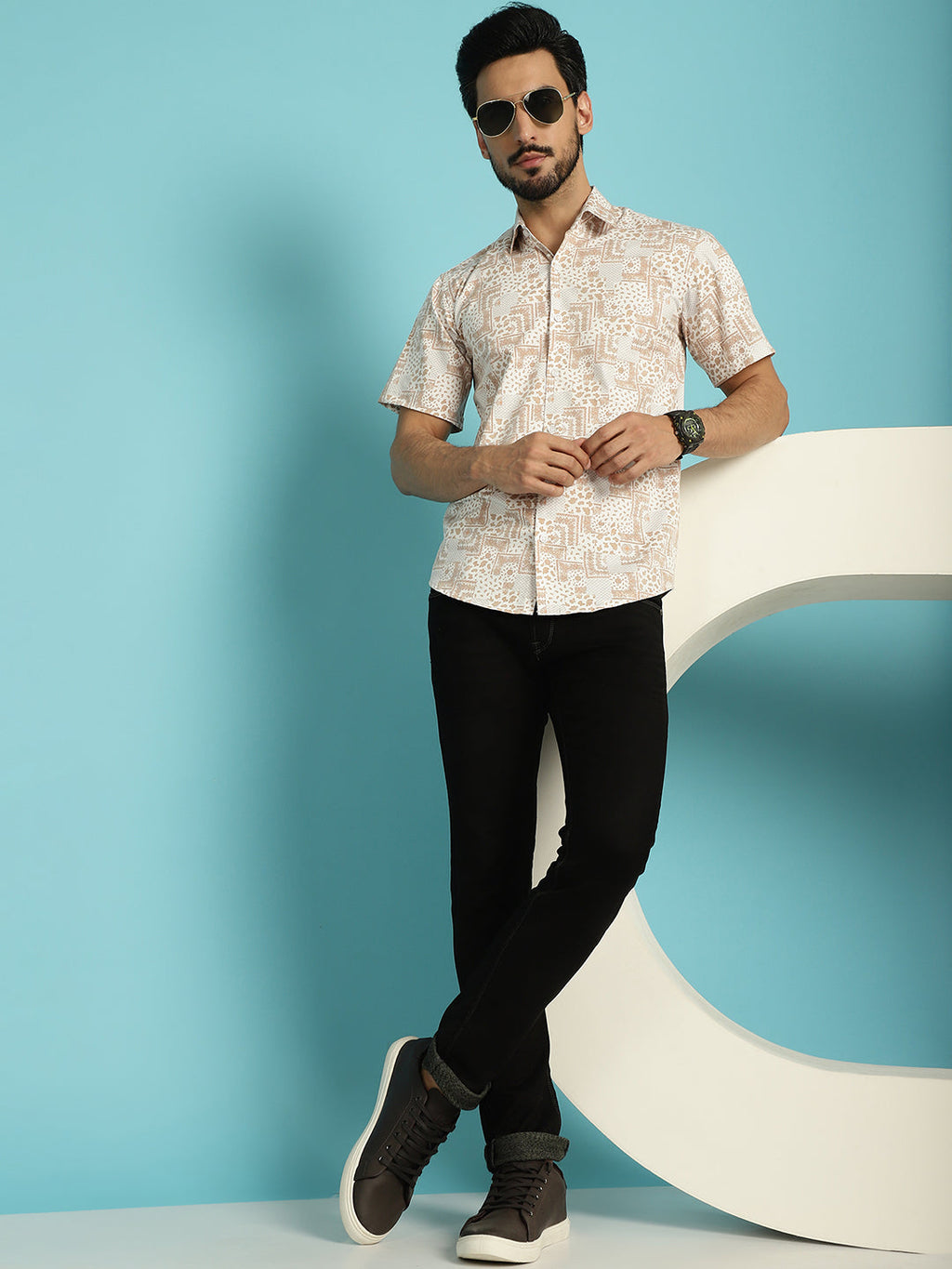 Indian Needle Men's Printed Casual Shirt - Peach | Grocsy