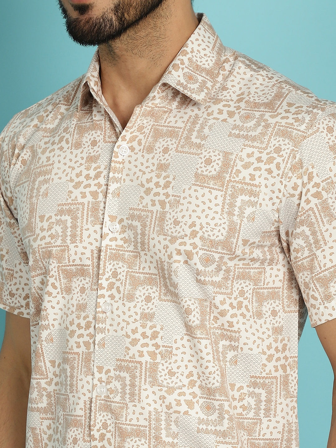 Indian Needle Men's Printed Casual Shirt - Peach | Grocsy