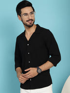 Indian Needle Men's Lapel Collar Casual Shirt - Black | Grocsy