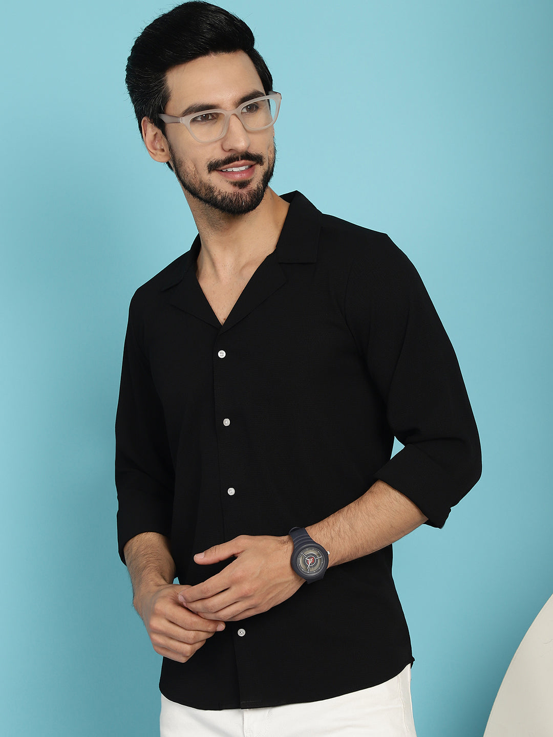 Indian Needle Men's Lapel Collar Casual Shirt - Black | Grocsy