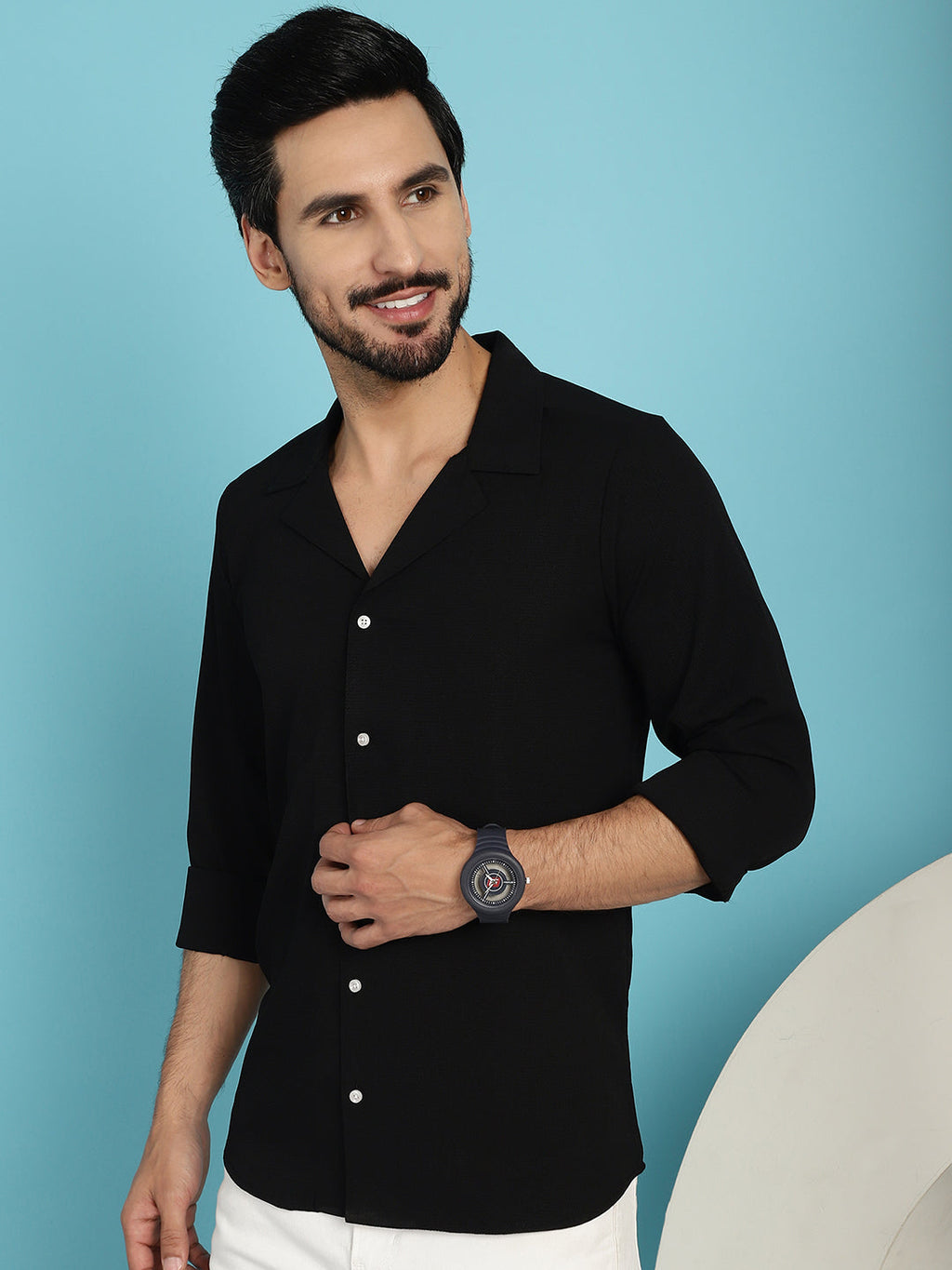 Indian Needle Men's Lapel Collar Casual Shirt - Black | Grocsy