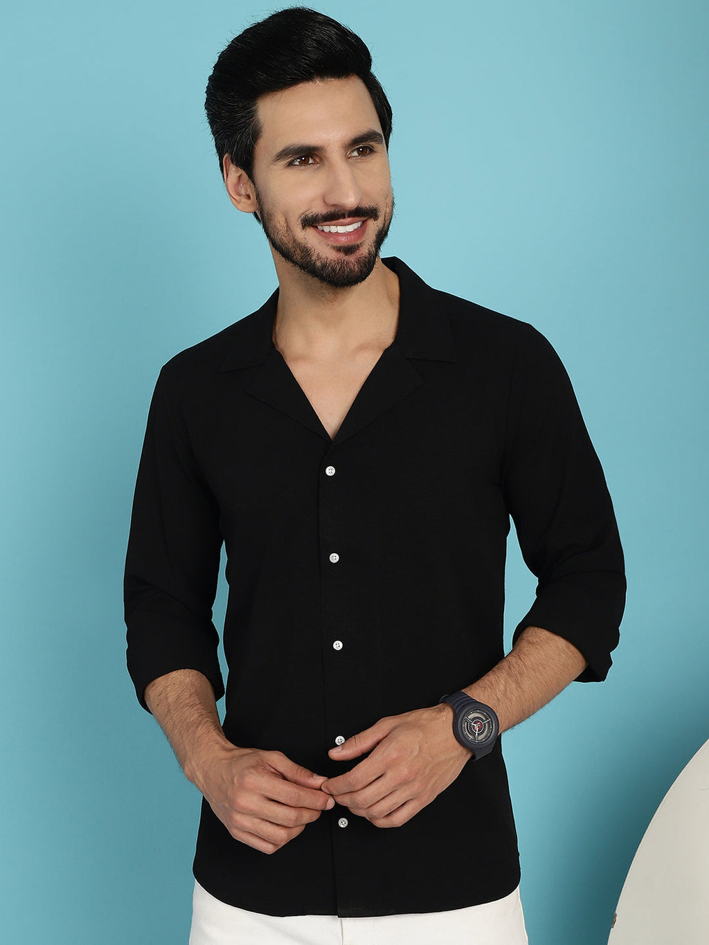 Indian Needle Men's Lapel Collar Casual Shirt - Black | Grocsy