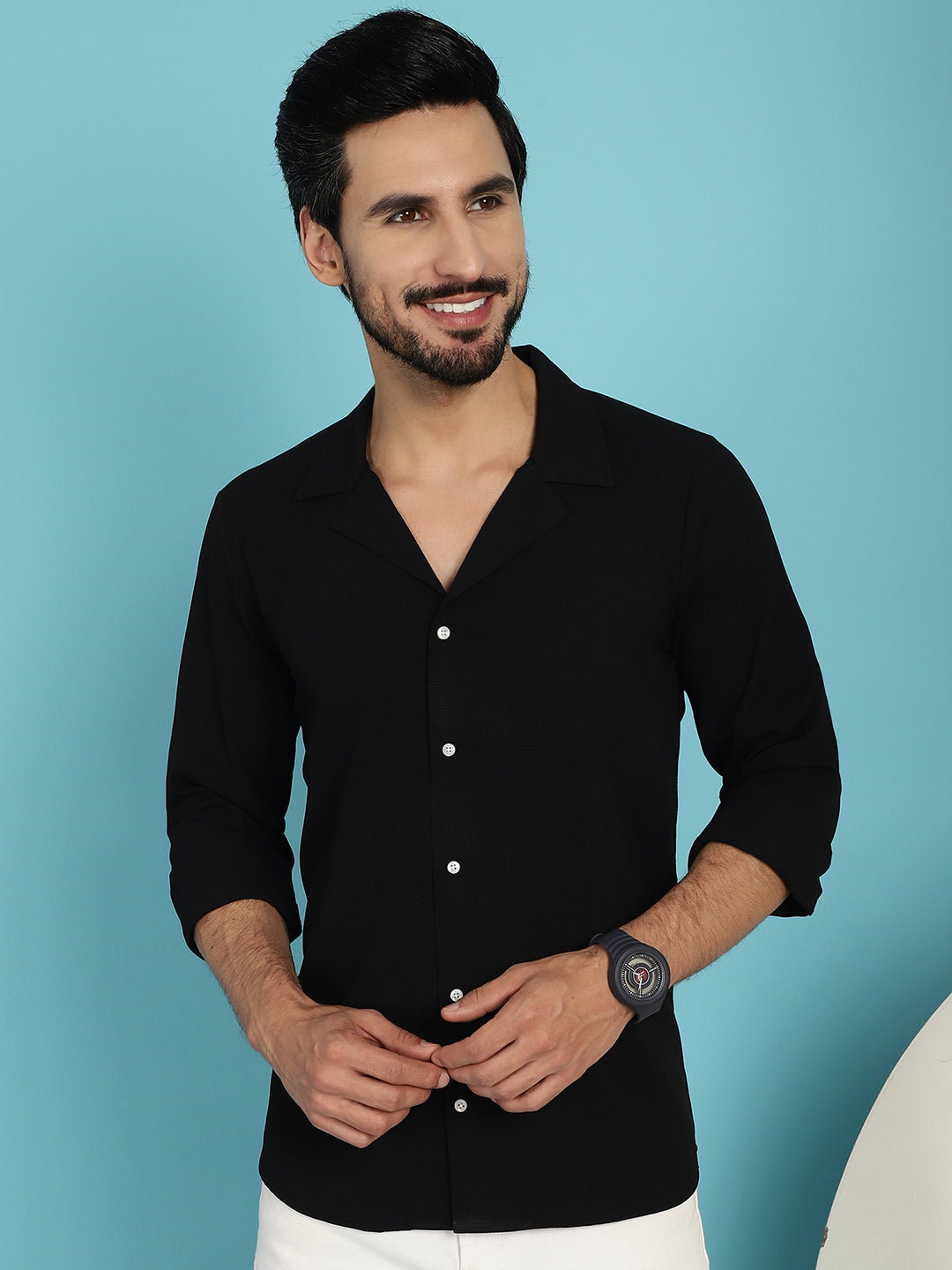 Indian Needle Men's Lapel Collar Casual Shirt - Black | Grocsy