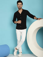 Indian Needle Men's Lapel Collar Casual Shirt - Black | Grocsy