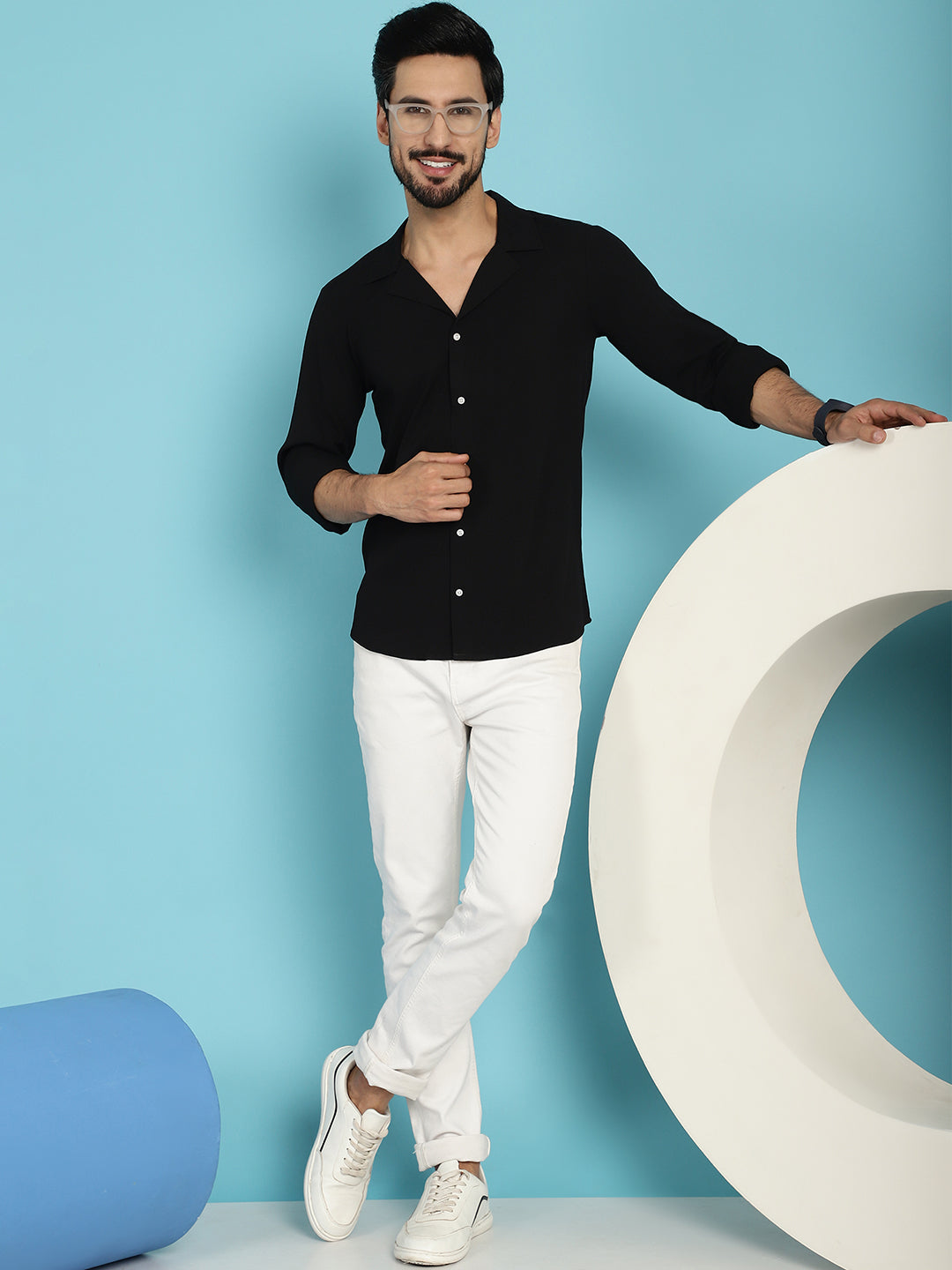 Indian Needle Men's Lapel Collar Casual Shirt - Black | Grocsy