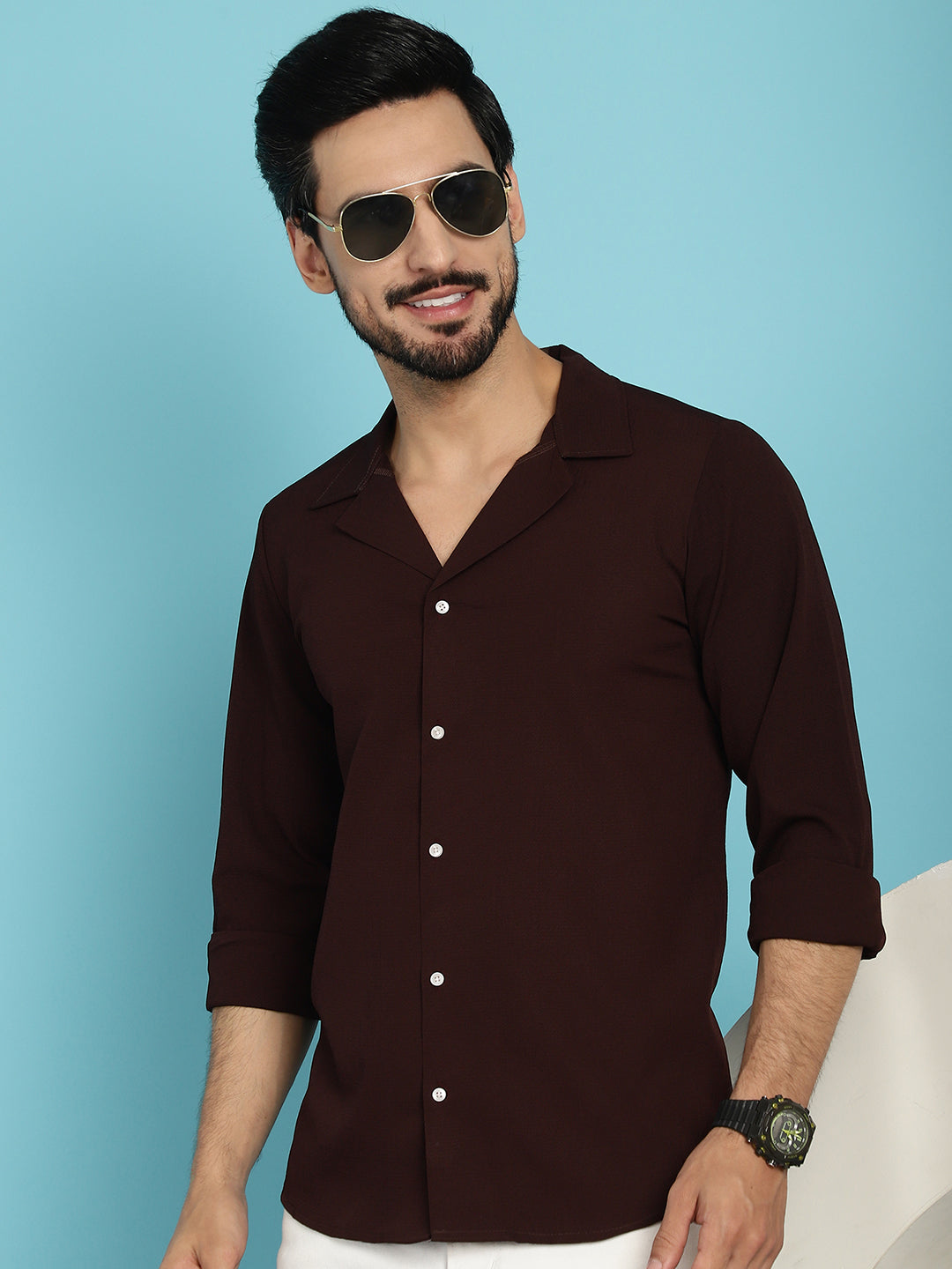 Indian Needle Men's Lapel Collar Casual Shirt - Coffee | Grocsy