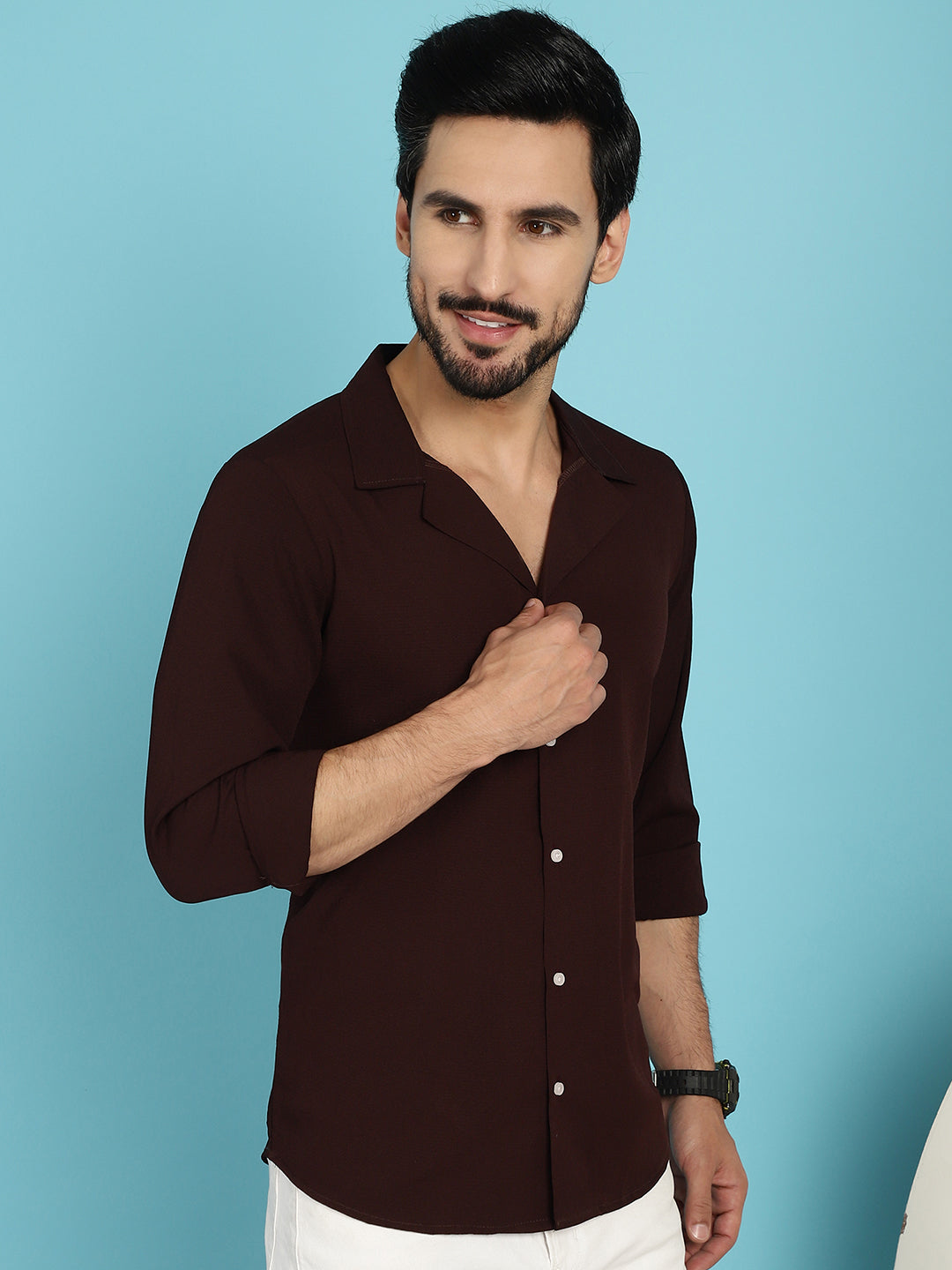 Indian Needle Men's Lapel Collar Casual Shirt - Coffee | Grocsy
