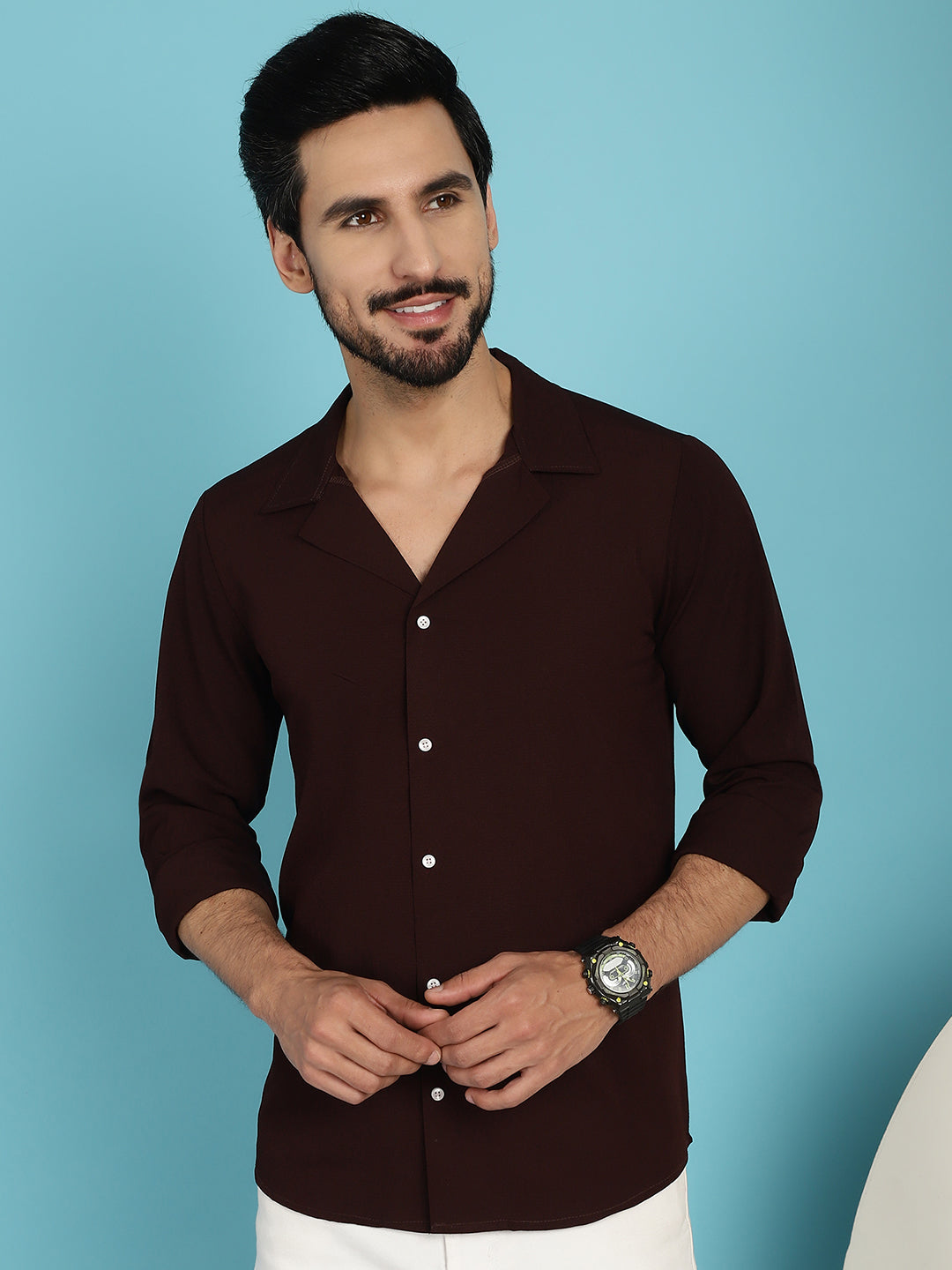 Indian Needle Men's Lapel Collar Casual Shirt - Coffee | Grocsy