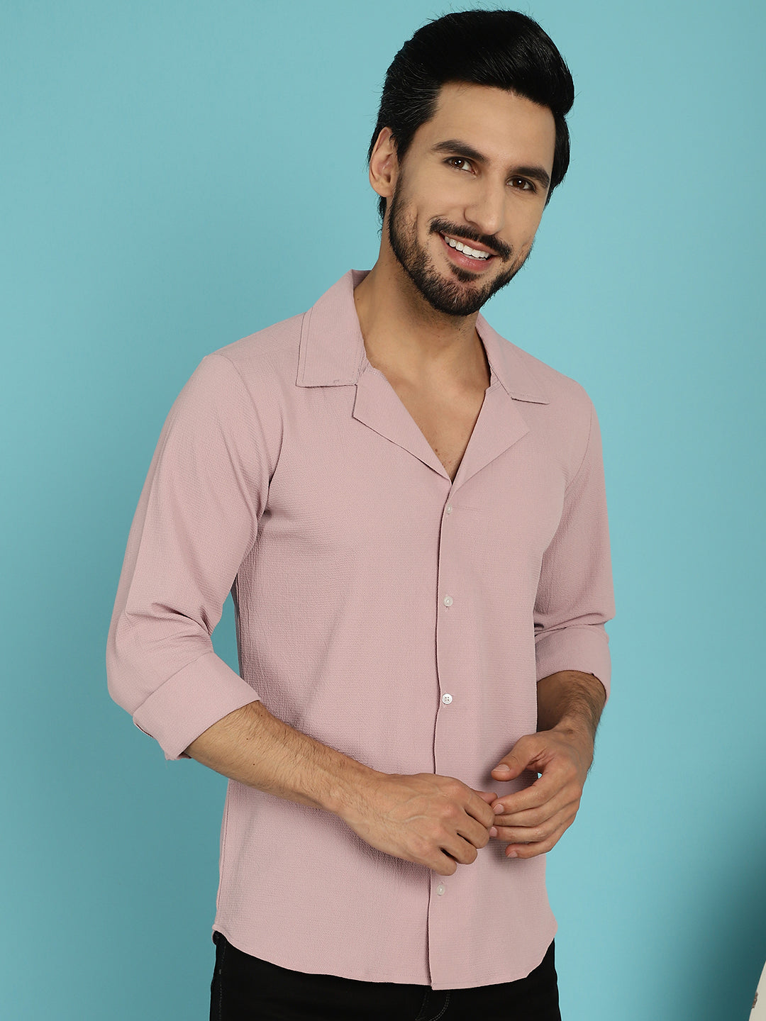 Indian Needle Men's Lapel Collar Casual Shirt - Magenta | Grocsy