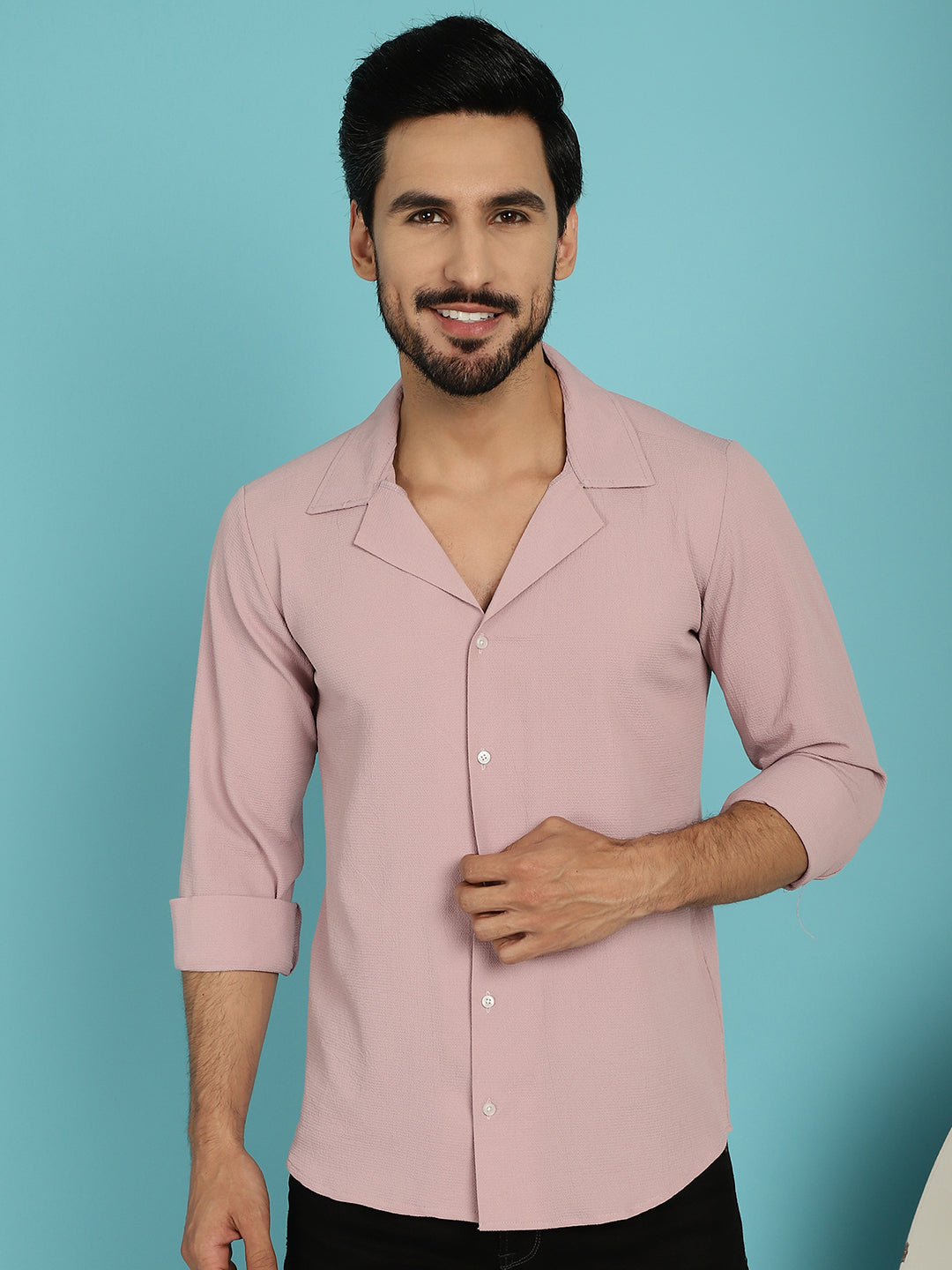 Indian Needle Men's Lapel Collar Casual Shirt - Magenta | Grocsy