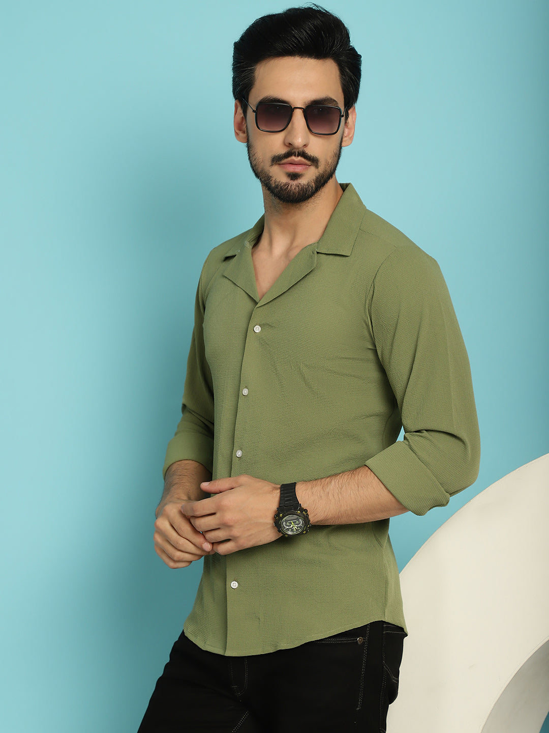 Indian Needle Men's Lapel Collar Casual Shirt - Olive | Grocsy