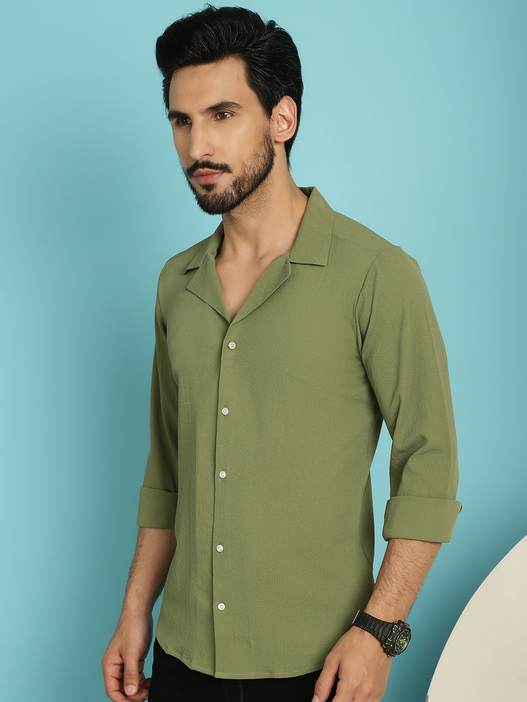 Indian Needle Men's Lapel Collar Casual Shirt - Olive | Grocsy