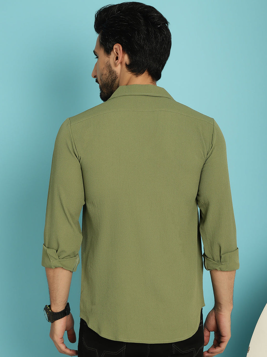 Indian Needle Men's Lapel Collar Casual Shirt - Olive | Grocsy
