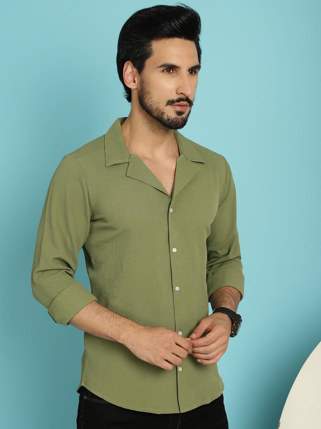Indian Needle Men's Lapel Collar Casual Shirt - Olive | Grocsy