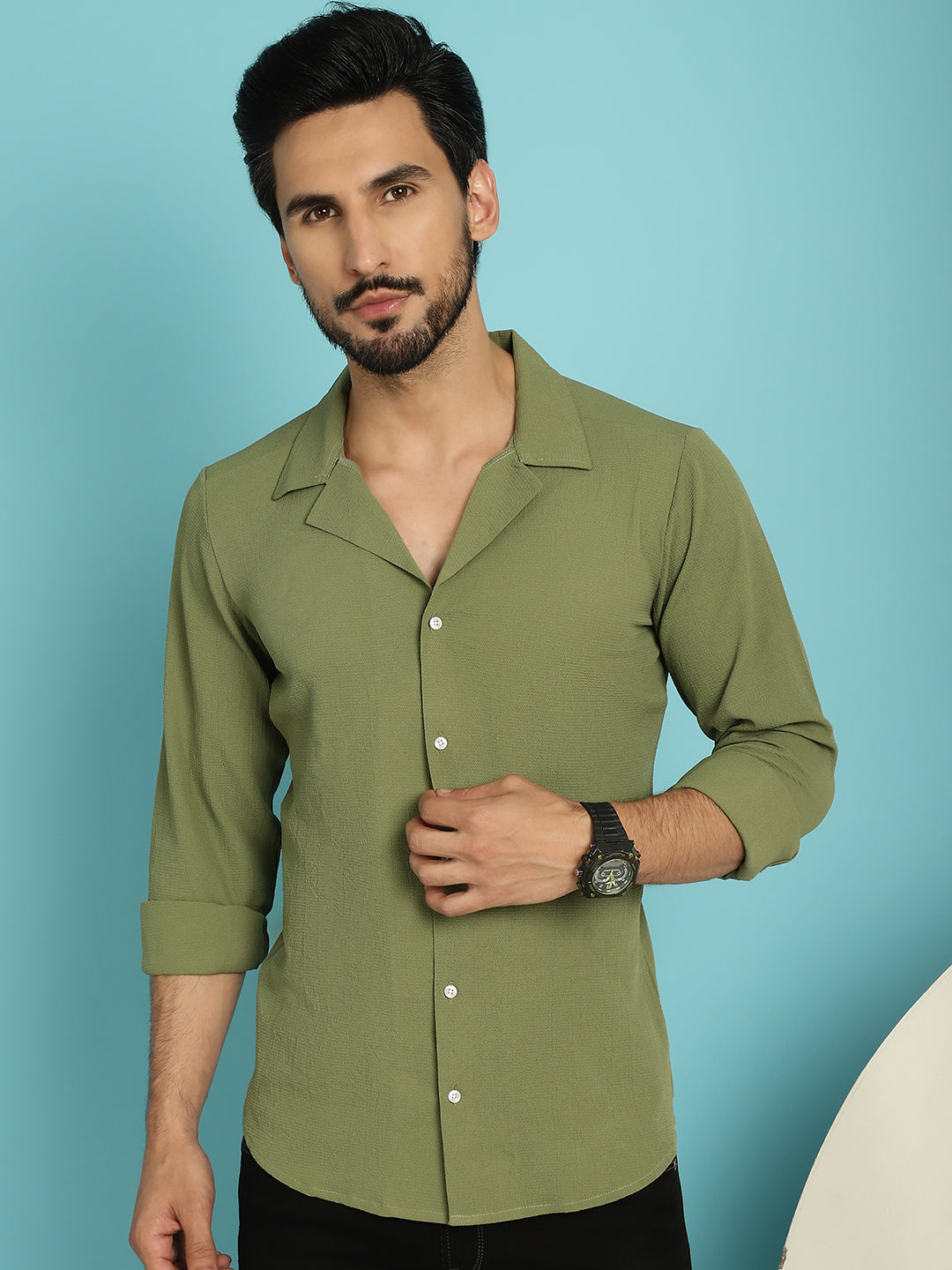 Indian Needle Men's Lapel Collar Casual Shirt - Olive | Grocsy