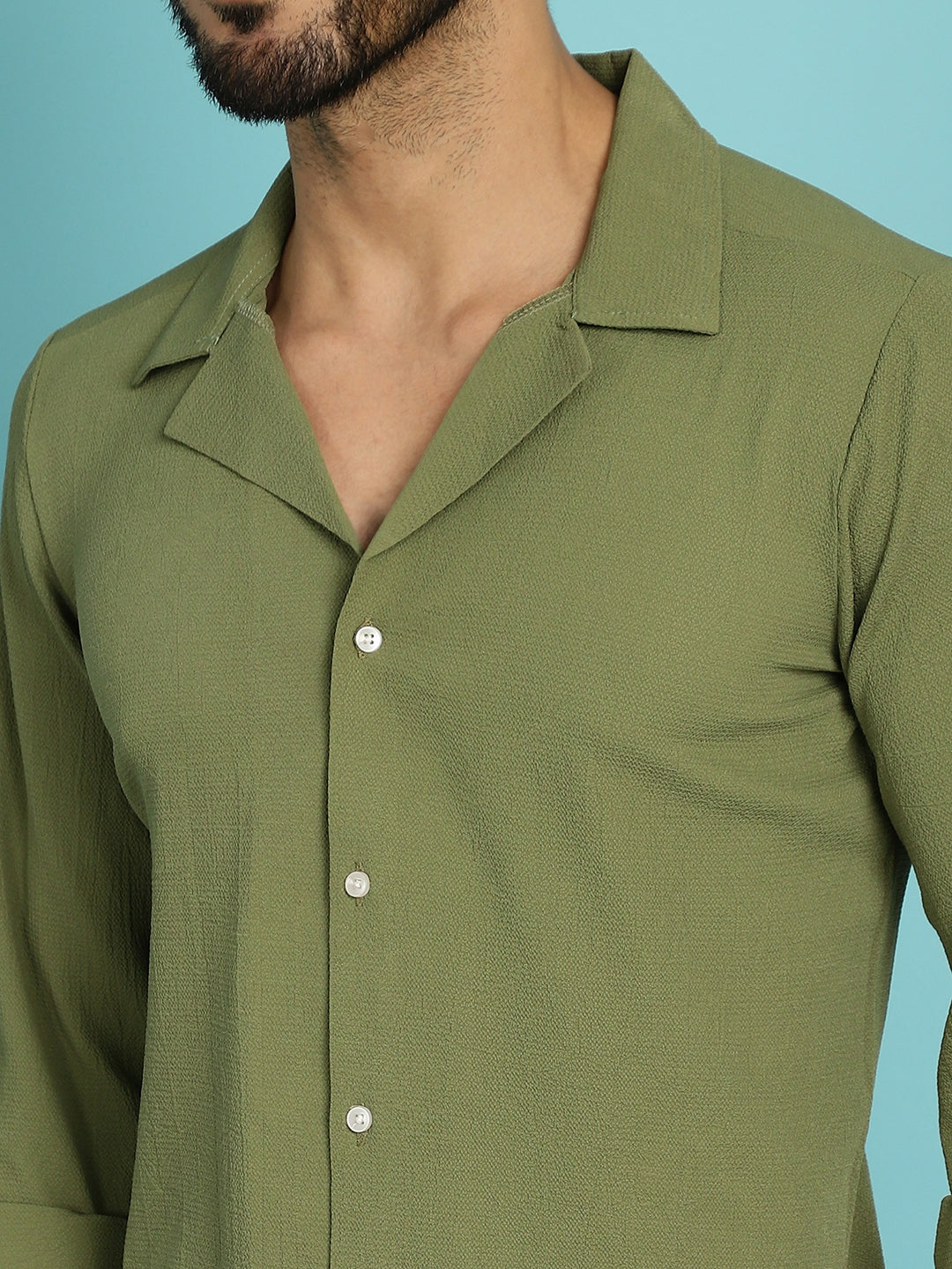 Indian Needle Men's Lapel Collar Casual Shirt - Olive | Grocsy