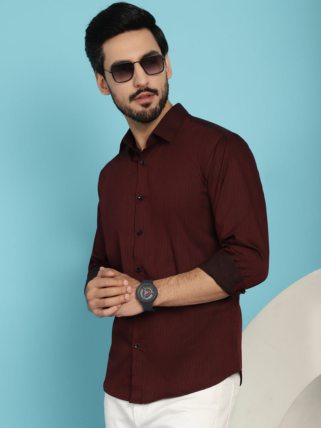 Indian Needle Men's Woven Design Casual Shirt - Maroon | Grocsy