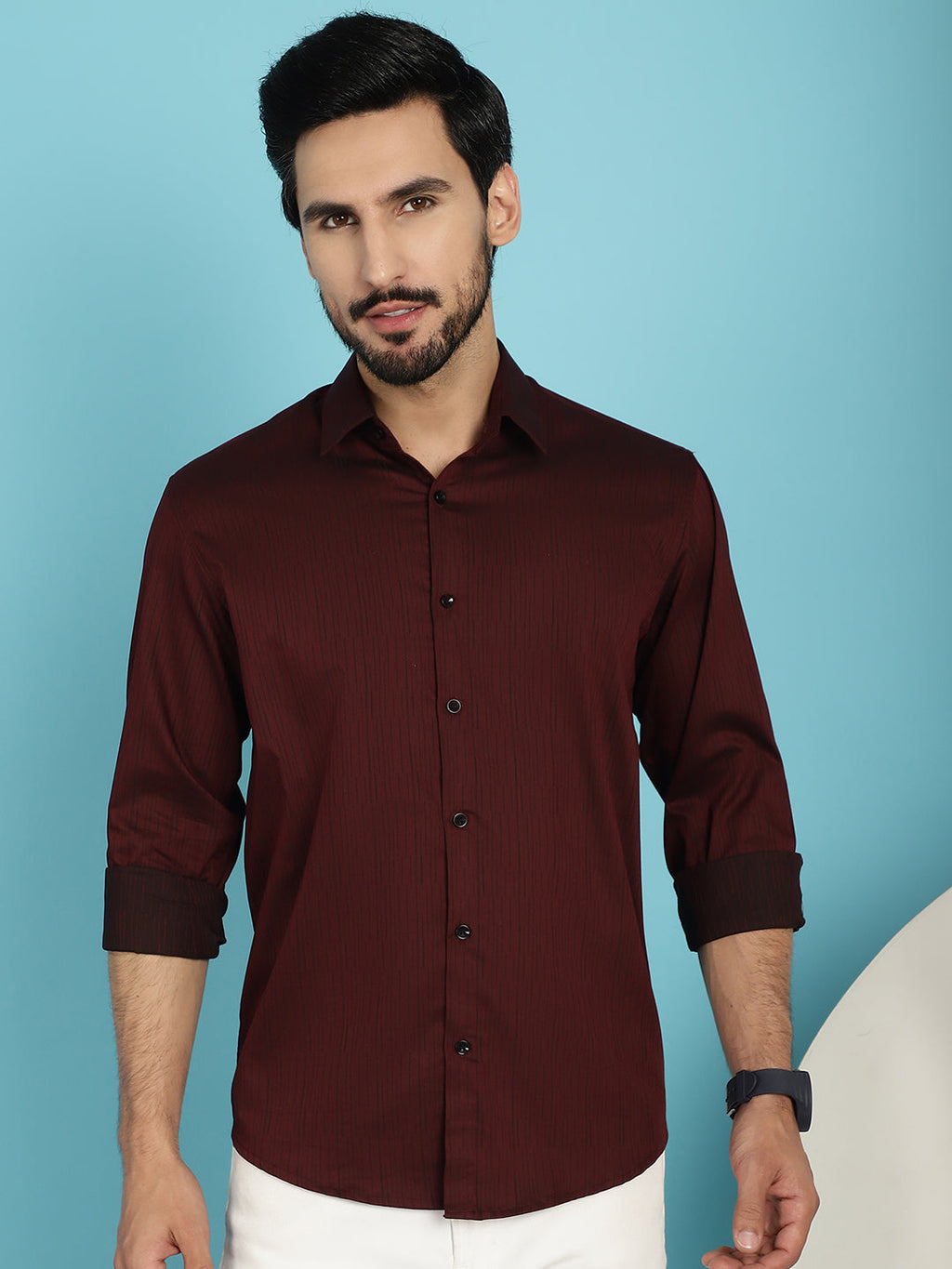 Indian Needle Men's Woven Design Casual Shirt - Maroon | Grocsy