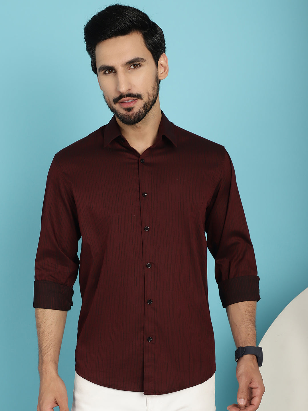 Indian Needle Men's Woven Design Casual Shirt - Maroon | Grocsy