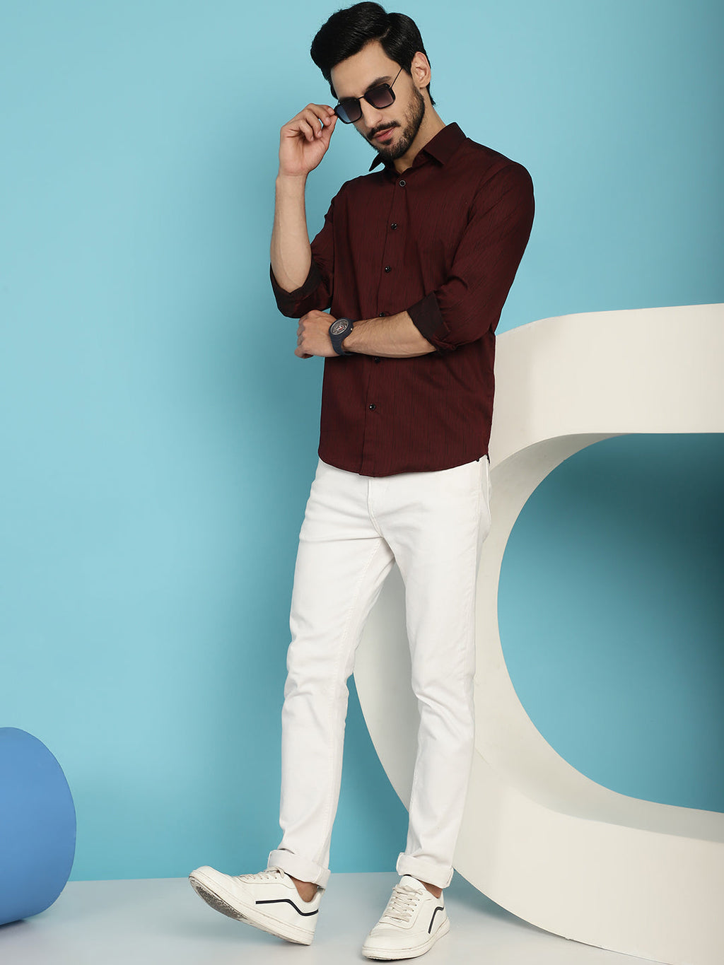 Indian Needle Men's Woven Design Casual Shirt - Maroon | Grocsy