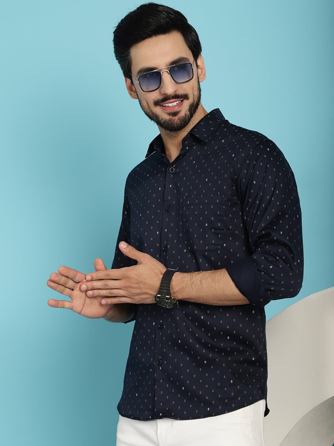 Indian Needle Men's Printed Casual Shirt - Navy Blue | Grocsy