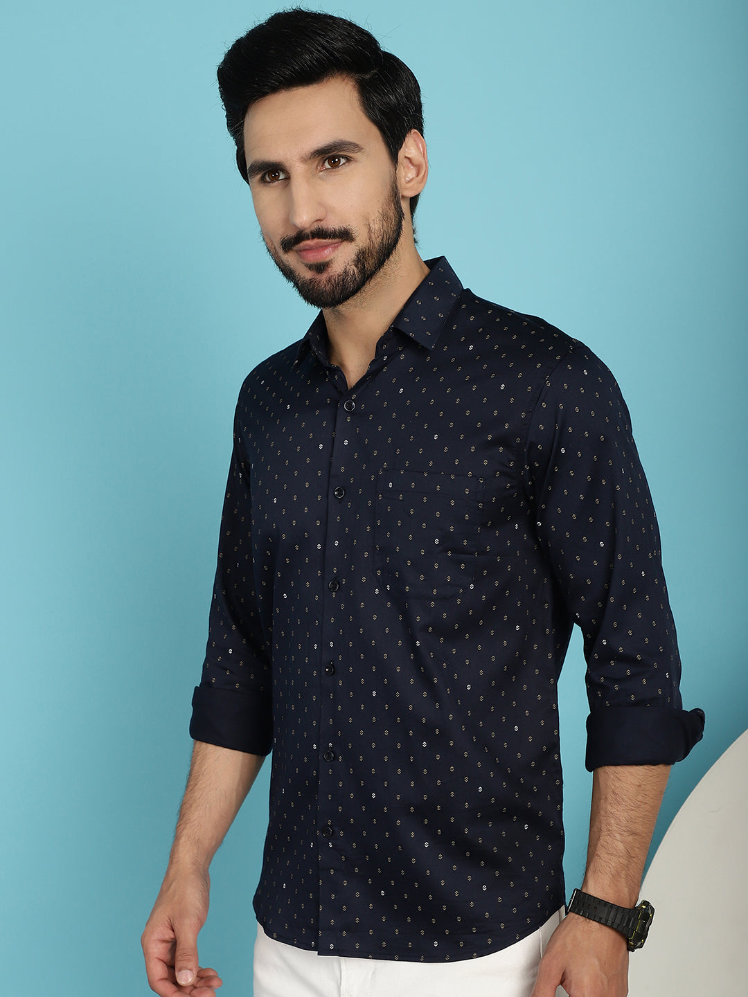 Indian Needle Men's Printed Casual Shirt - Navy Blue | Grocsy