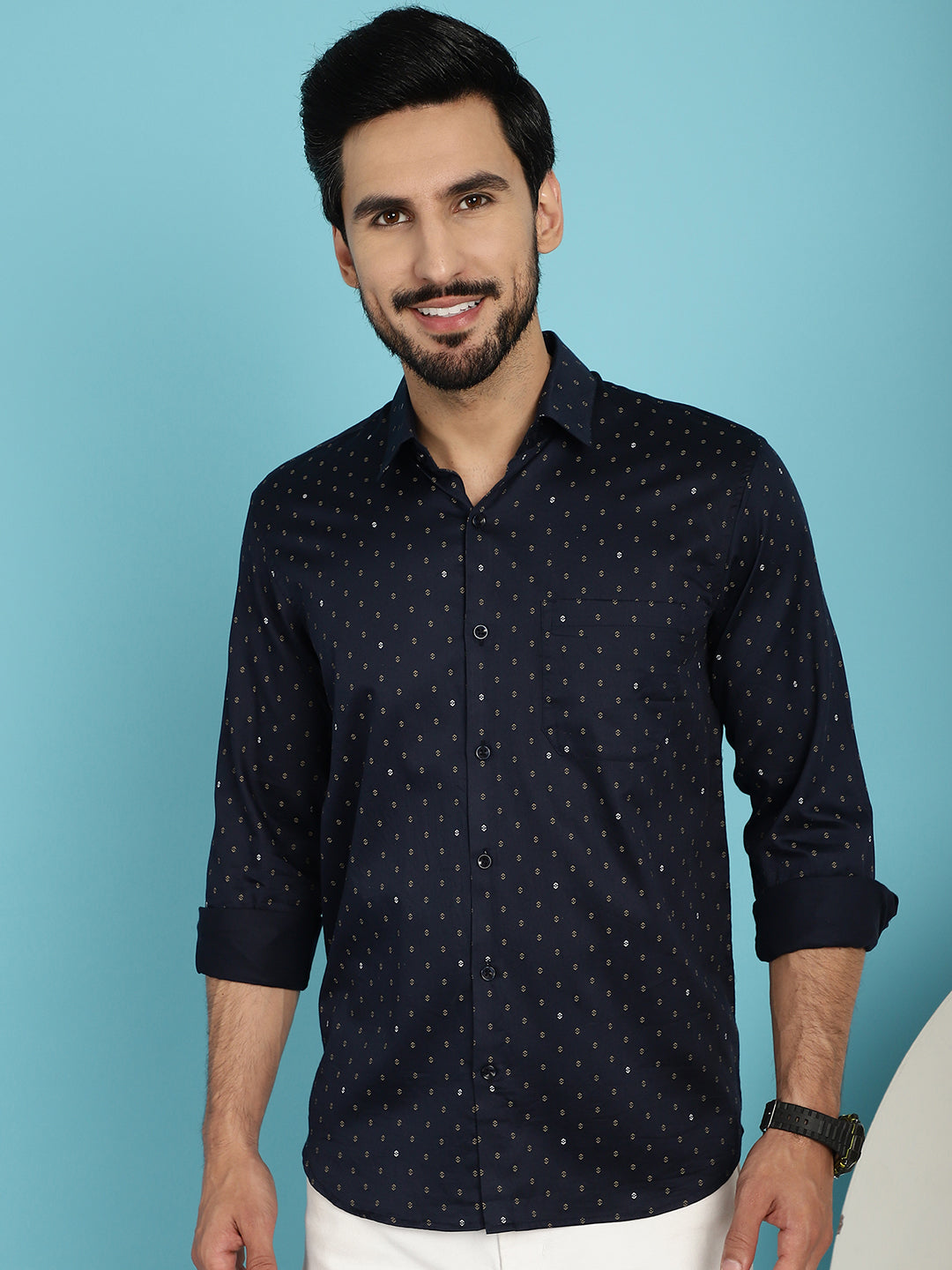 Indian Needle Men's Printed Casual Shirt - Navy Blue | Grocsy