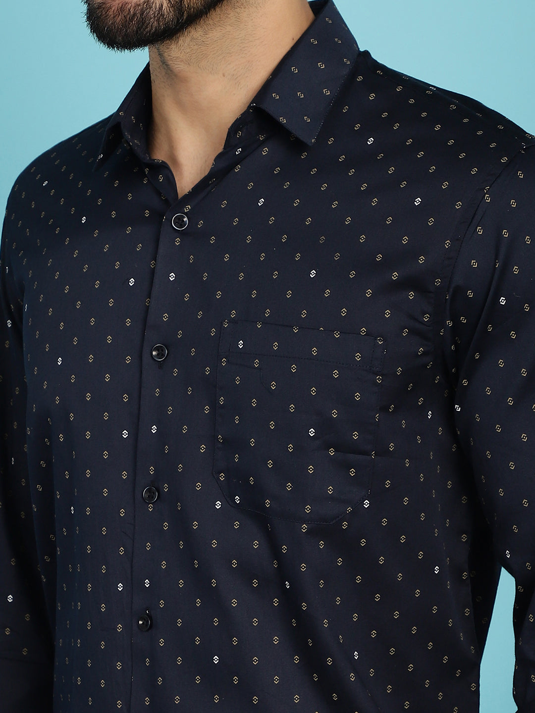 Indian Needle Men's Printed Casual Shirt - Navy Blue | Grocsy