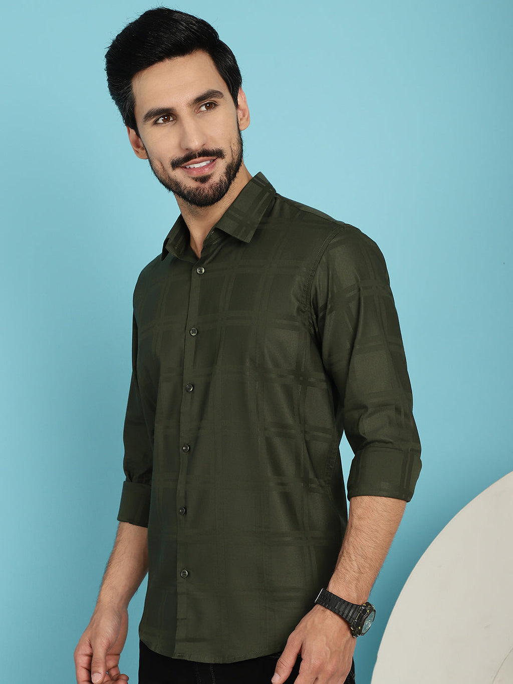 Indian Needle Men's Olive Green Checked Casual Shirt - Olive | Grocsy