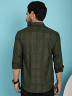 Indian Needle Men's Olive Green Checked Casual Shirt - Olive | Grocsy