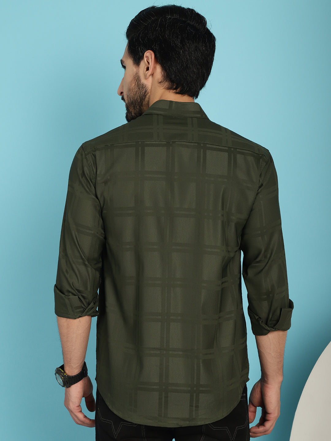 Indian Needle Men's Olive Green Checked Casual Shirt - Olive | Grocsy