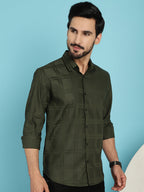 Indian Needle Men's Olive Green Checked Casual Shirt - Olive | Grocsy