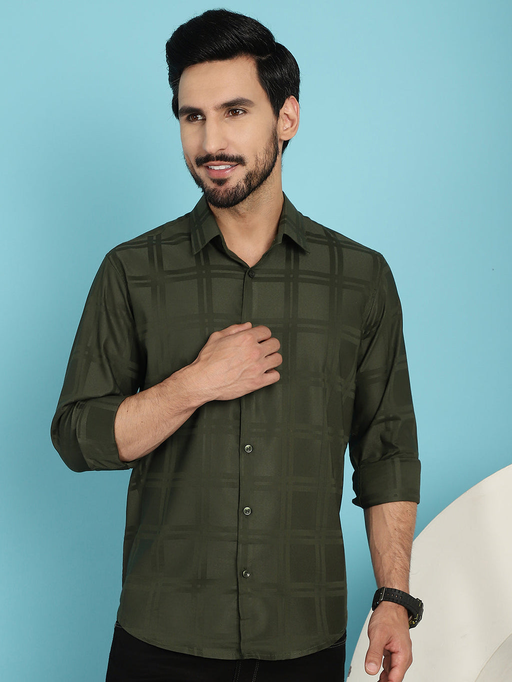 Indian Needle Men's Olive Green Checked Casual Shirt - Olive | Grocsy
